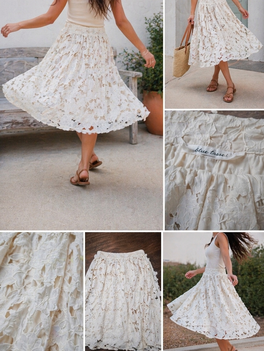 Anthropologie Blue Tassel 3D Floral Appliqué Cotton Skirt